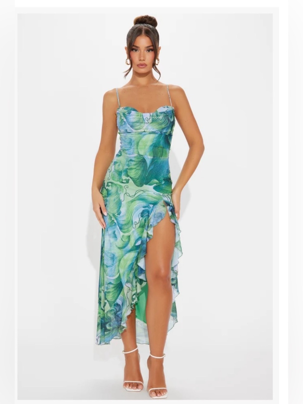 Fashion Nova Blue-Green Swirl High-Low Slip Dress